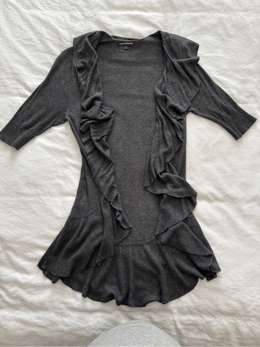 Express Dark Gray Ruffle Open-Front Cardigan
